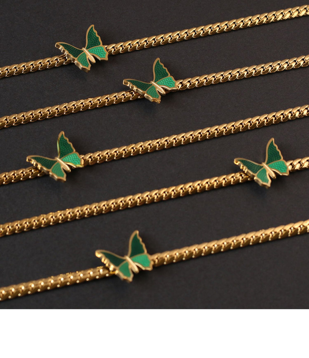 Vintage Style Green Butterfly Choker Necklace Cuban Necklace Collarbone Chain Titanium Steel 18K Gold Plated Non-Fading