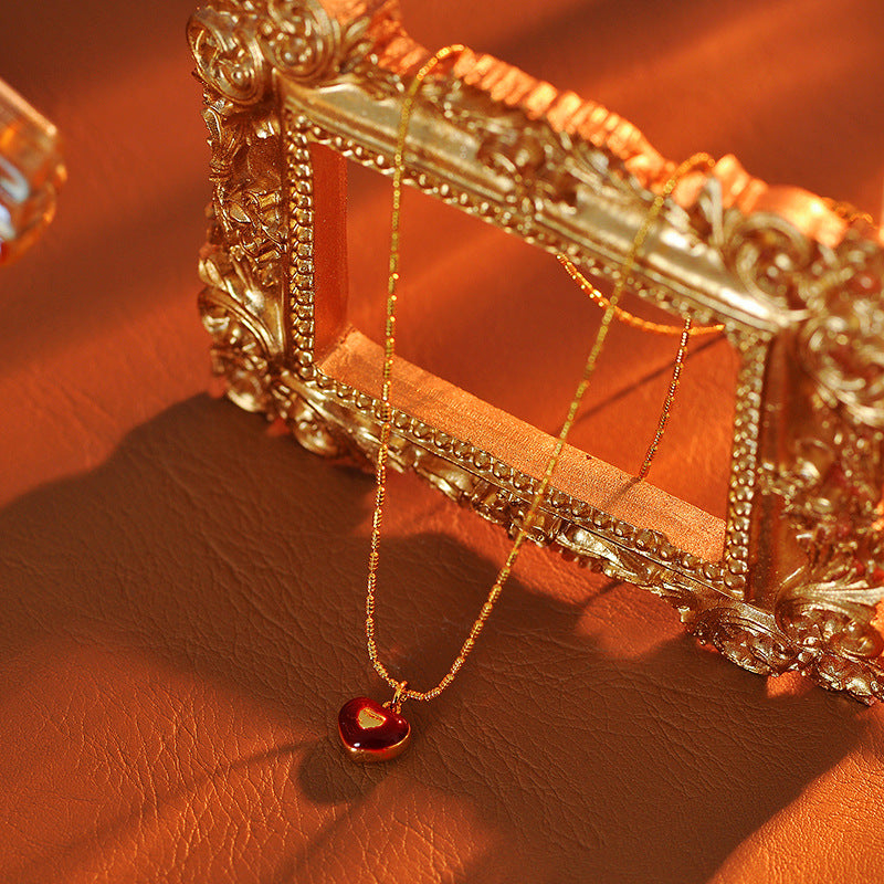 2025 New Red Glaze Heart Necklace Light Luxury Elegant Versatile Fashion Jewelry for Women