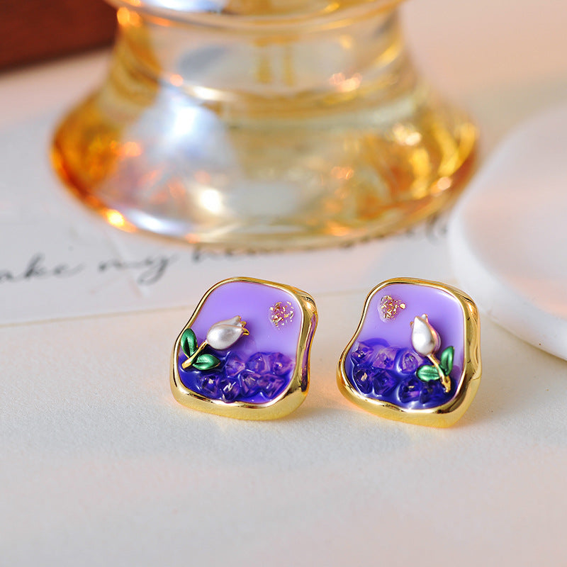 New Chinese Style Monet Garden Rich Purple Oil Painting Necklace Freshwater Pearl Oil Drop Flower Earrings Necklace for Women