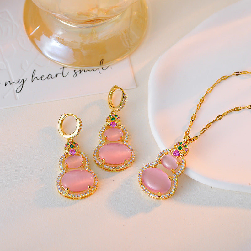 Fulu Mianmian~ National Style Pink Gourd Necklace Earrings Light Luxury High-end Earrings Sweet Temperament Women's Earrings