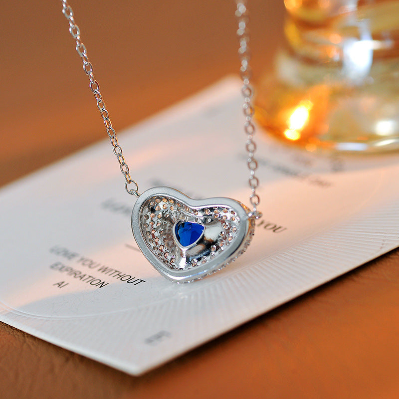 European and American Fashion Blue Heart Adjustable Necklace for Women Full Diamond Heart-Shaped Collarbone Chain Exquisite Elegant Jewelry