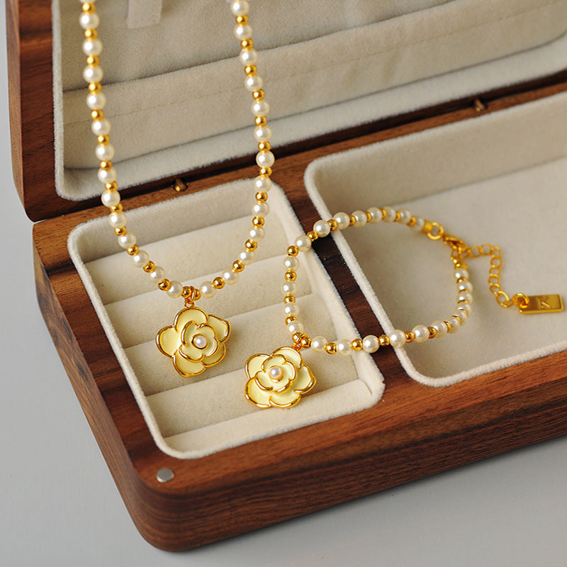 Camellia New Style Spacer Beads Pearl Fashion Exquisite Retro Style Light Luxury High-end Bracelet Necklace Set