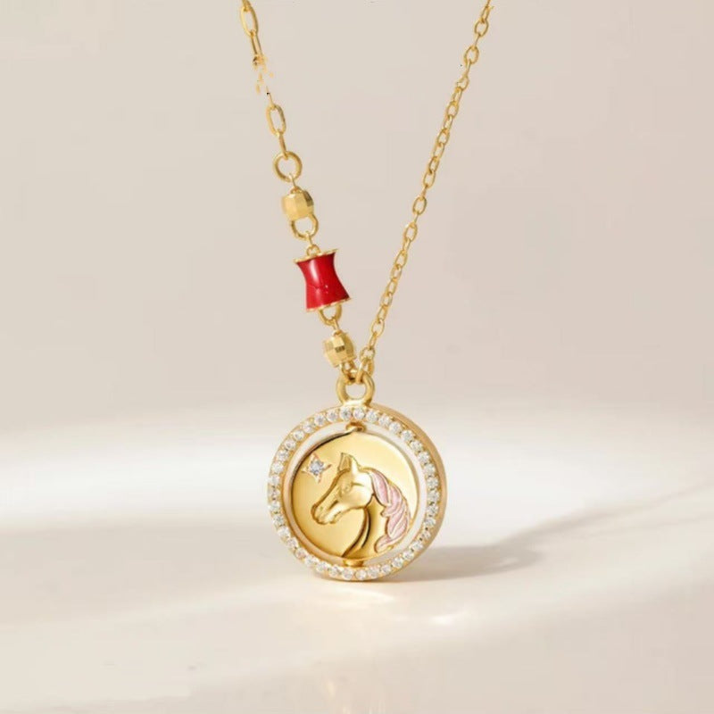 New Chinese Style Pure Silver Pony Necklace Zodiac Pendant Pure Silver Clavicle Chain National Style Set Chain Double-Sided Wear