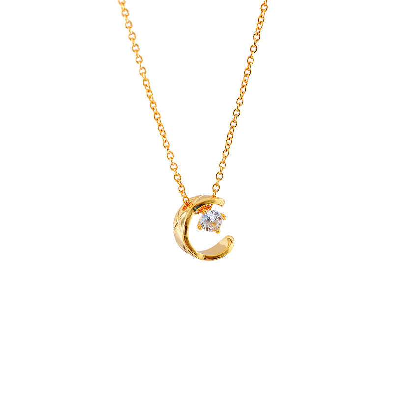 Chanel Style Ice Moon Necklace for Women with Inlaid Diamonds, Diamond Pattern Crescent Moon Collarbone Chain, Diamond-shaped Pendant Set Chain