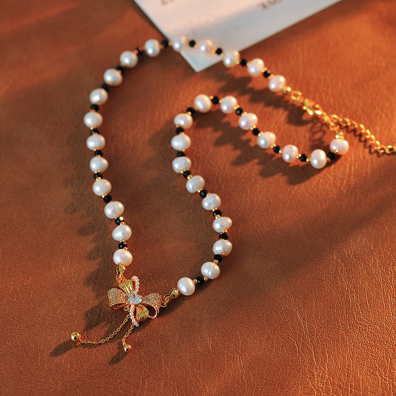 Trendy Bowknot Beaded Necklace for Women, Unique Design, Sweet and Versatile Collarbone Chain, Super Fairy