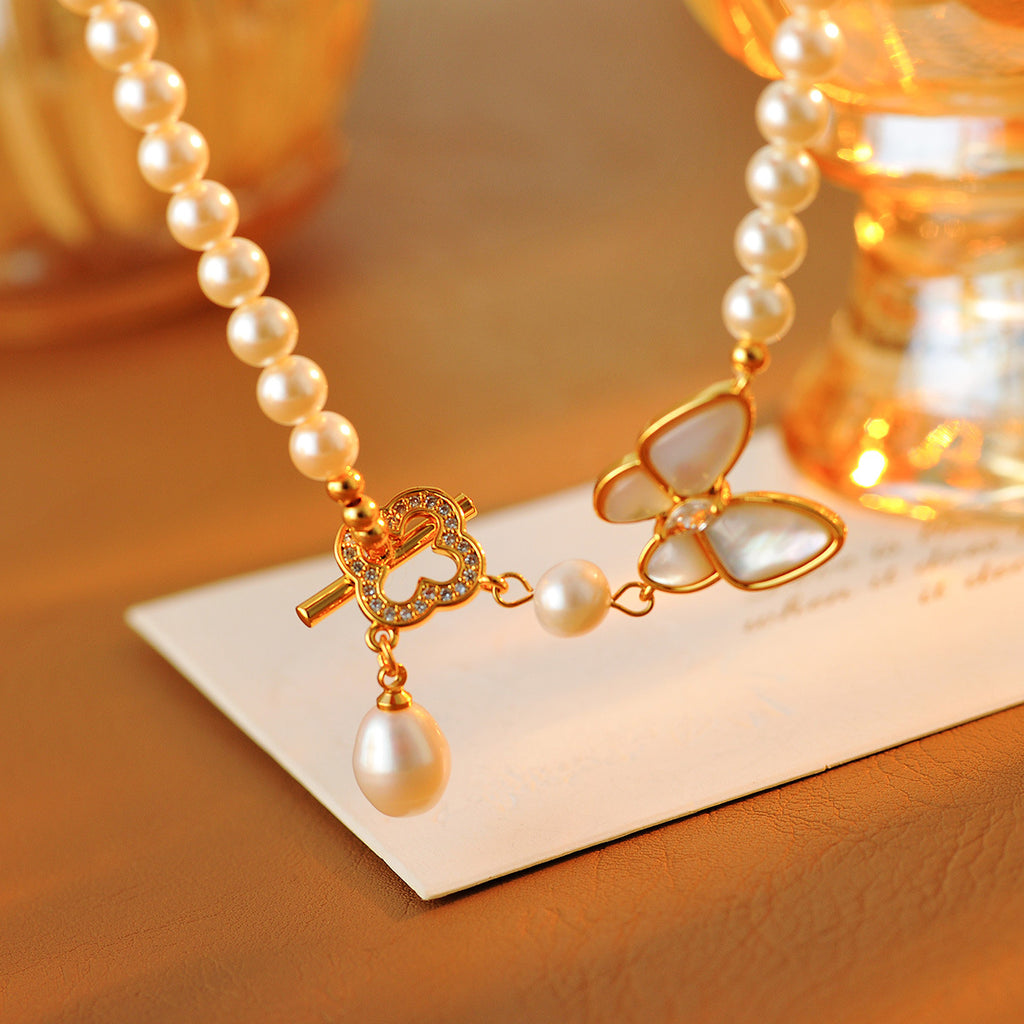 Natural Mother-of-Pearl Butterfly OT Buckle Slimming Pearl Necklace for Women New French Style Versatile Collarbone Chain