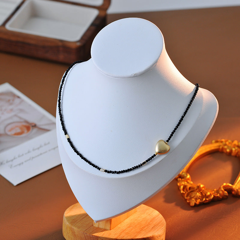 French Style Minimalist Small Heart Black Beaded Niche Personality Design Necklace A10259 Exquisite