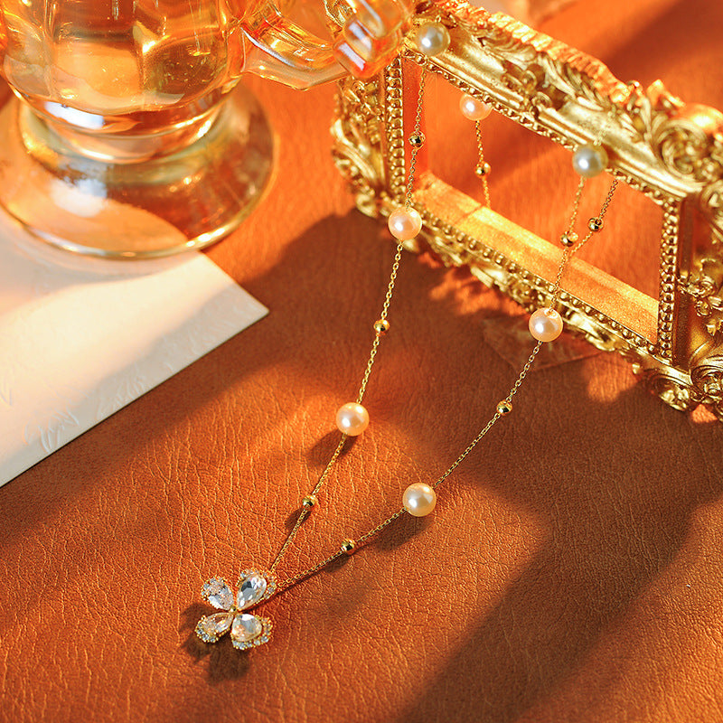 Romantic Love Letter Butterfly Pearl Tassel Necklace for Women High-end Light Luxury Niche Collarbone Chain Elegant Choker