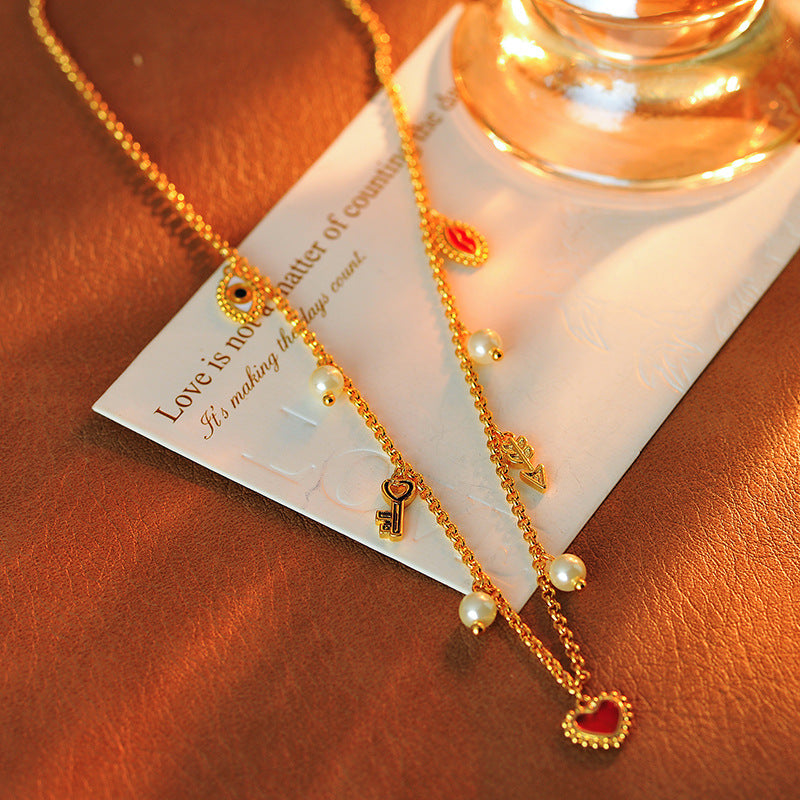 Vintage Light Luxury Red Agate Heart Pearl Tassel Necklace Bracelet for Women Niche High-end Elegant Collarbone Chain