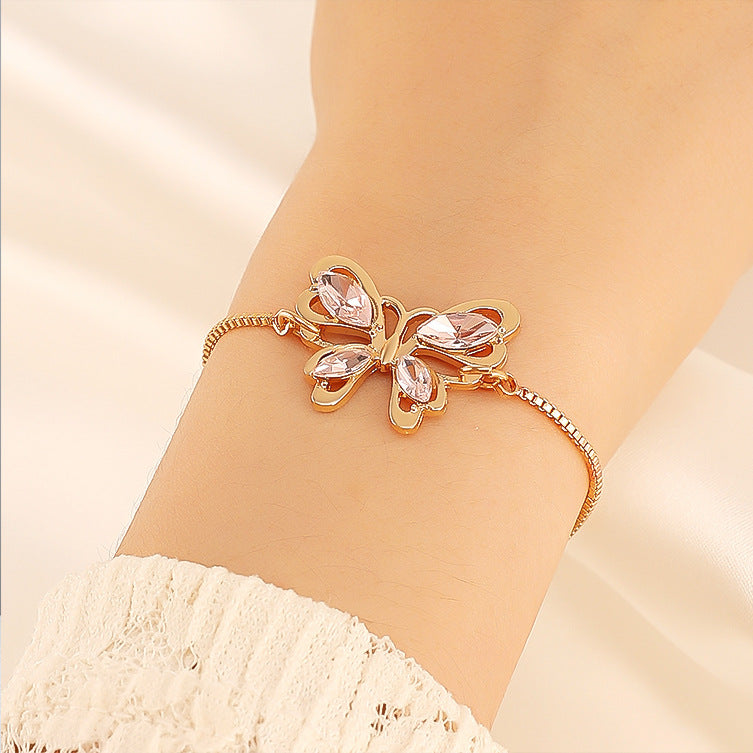 Hot Selling European and American Crystal Butterfly Bracelet for Women Simple Fashion Jewelry Pink Crystal Hollow Butterfly Bracelet