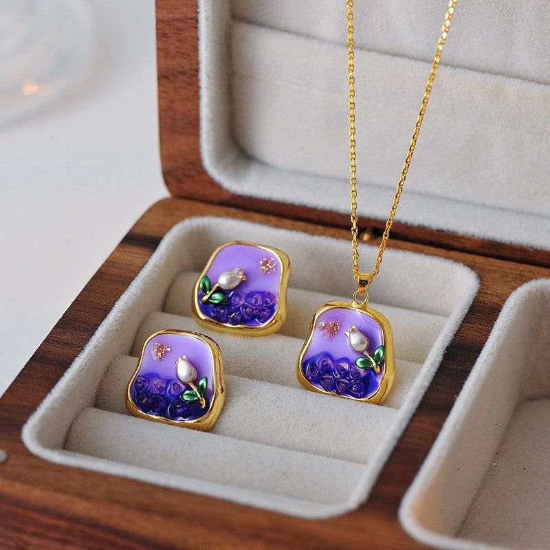 New Chinese Style Monet Garden Rich Purple Oil Painting Necklace Freshwater Pearl Oil Drop Flower Earrings Necklace for Women