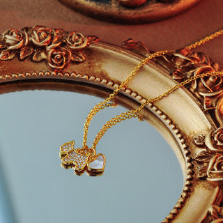 Heart Shell Full Diamond Puppy Necklace for Women, Korean and Japanese Style, Simple Red and White Heart Pendant, Clavicle Chain, Fashionable and Elegant