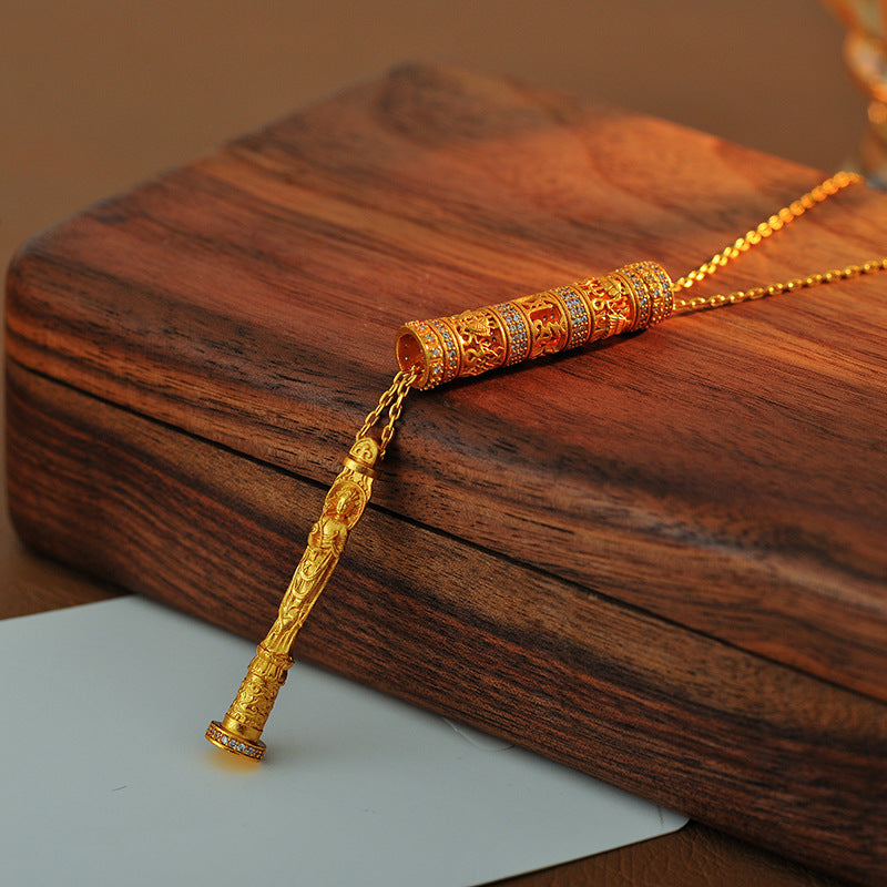 New Chinese Style Ancient Method Hollow Carved Inlaid Cylinder Necklace Eight Styles Portable Gold Buddha Necklace Prayer Wheel for Men and Women Couples