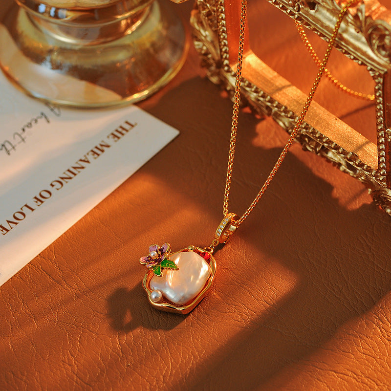 Monet Garden Irregular Baroque Natural Large Pearl Necklace for Women with Floral Design and High-end Pendant