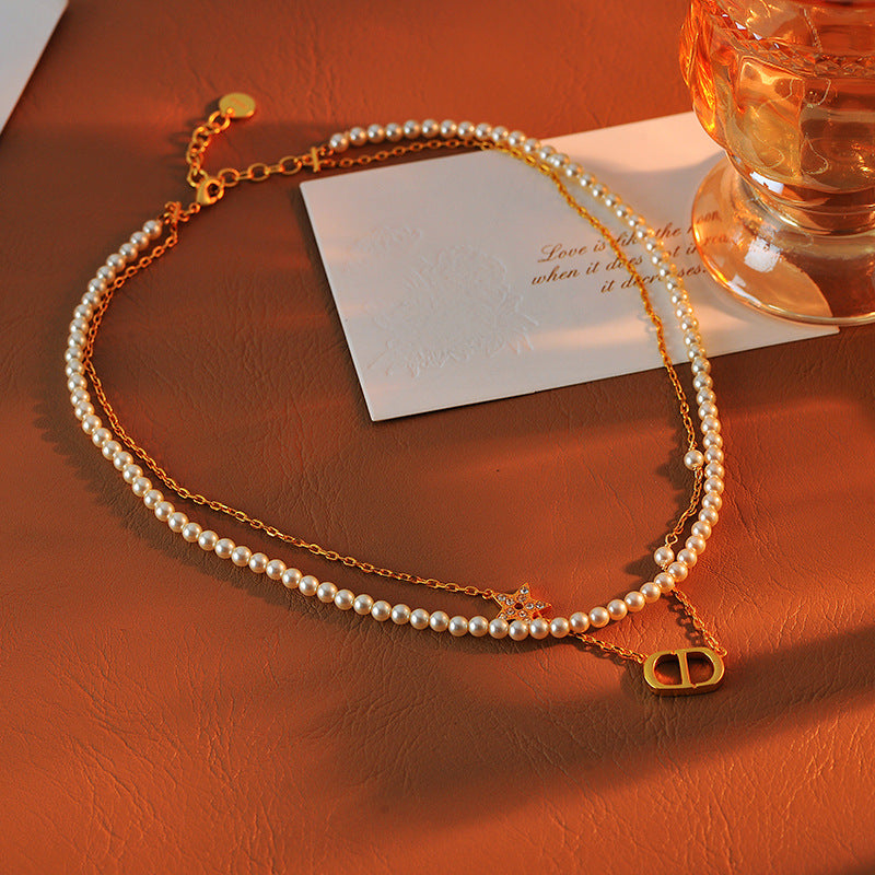 French Retro New Style High-End Letter Full Diamond Star Pearl Necklace for Women Light Luxury Versatile Double Layer Clavicle Chain Trendy