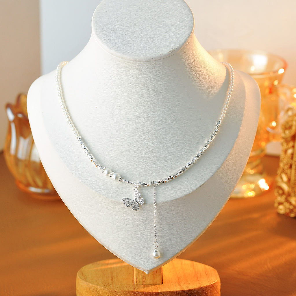 Broken Silver Butterfly Pearl Necklace for Women, Niche Design, Light Luxury, High-End Feel, 2025 New Clavicle Chain