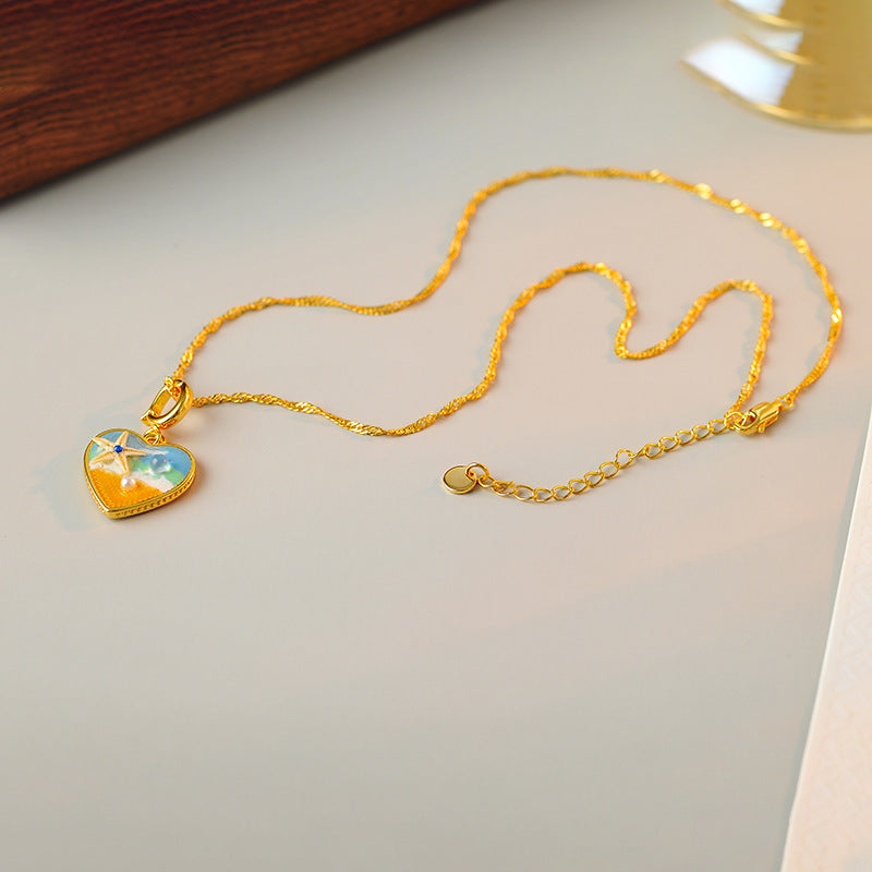 [Romantic Holiday] Oil Painting Style Romantic Sea Breeze Necklace Niche Design Elegant Sweet Heart Collarbone Chain Choker