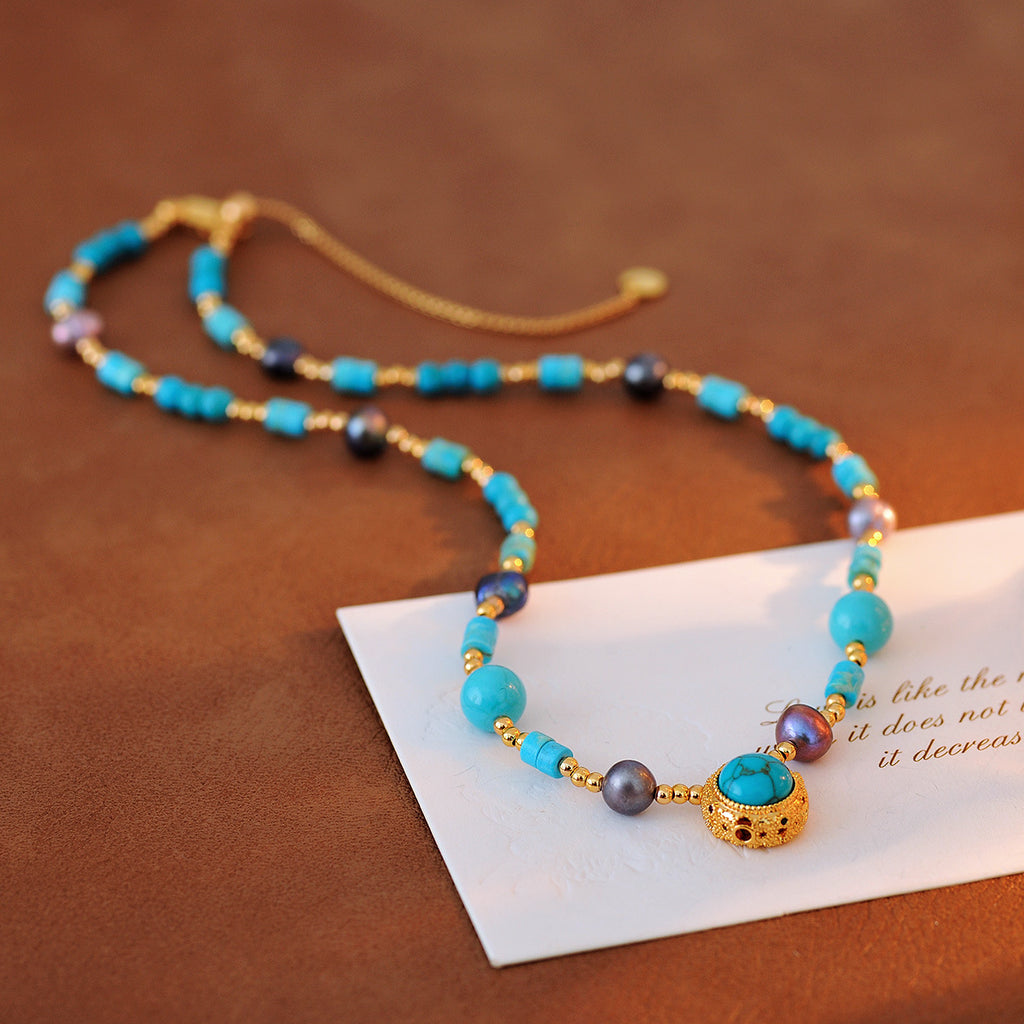 Original Design New Chinese Style Retro Green Pine Pendant Necklace Manta Rose Purple Pearl Sweater Chain