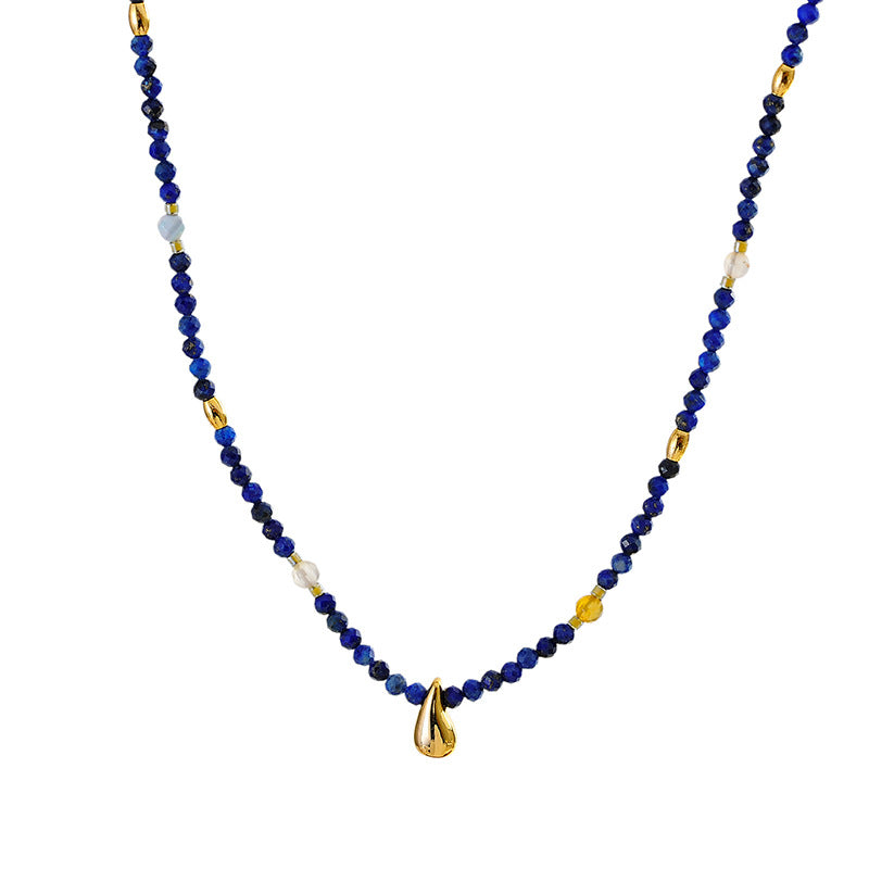 French Retro Natural Stone Beaded Necklace Niche Design Metal Water Drop Shape High-end Versatile Collarbone Chain