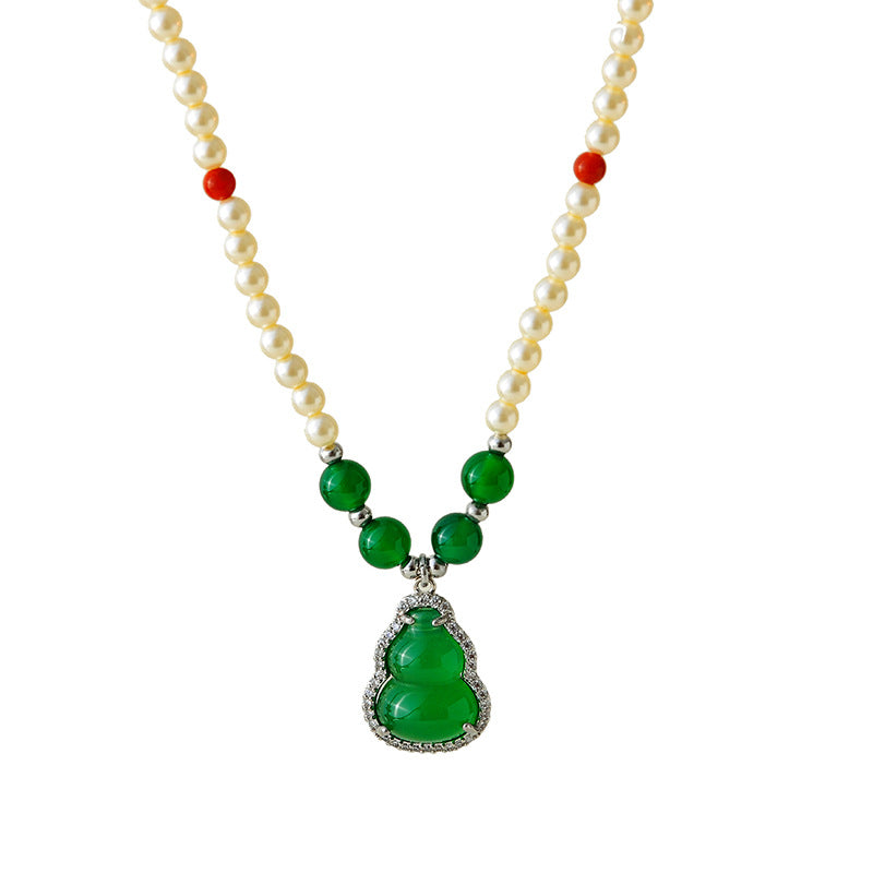 New Chinese Style Green Chalcedony Gourd Pearl Necklace Fashion Retro Light Luxury Temperament National Trend High-end Necklace for Women
