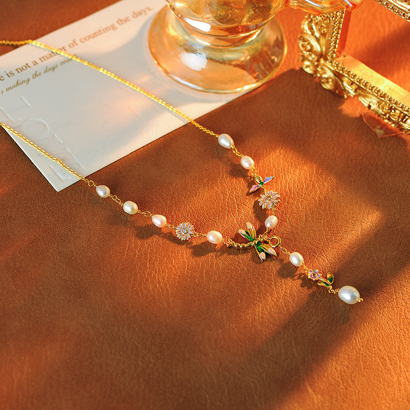 New Chinese Style Natural Pearl Necklace Enamel Painted Dragonfly Flower Artistic National Style Light Luxury Oil Painting Retro Collarbone Chain