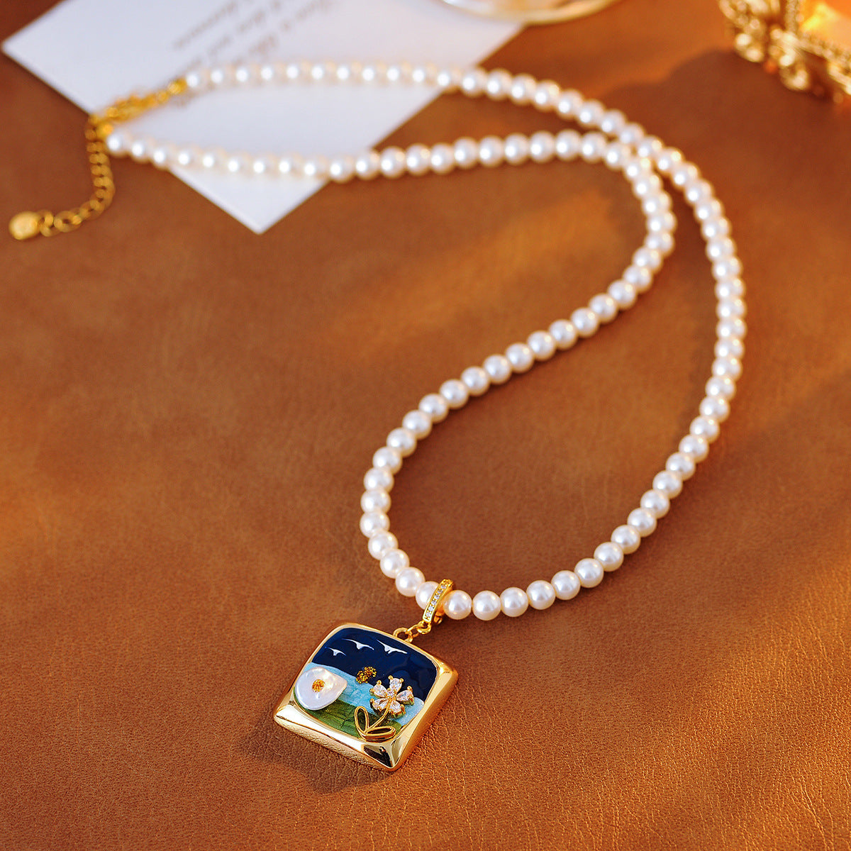 New Monet Garden Oil Painting Style High-end Necklace for Women Baroque Pearl Flower Necklace