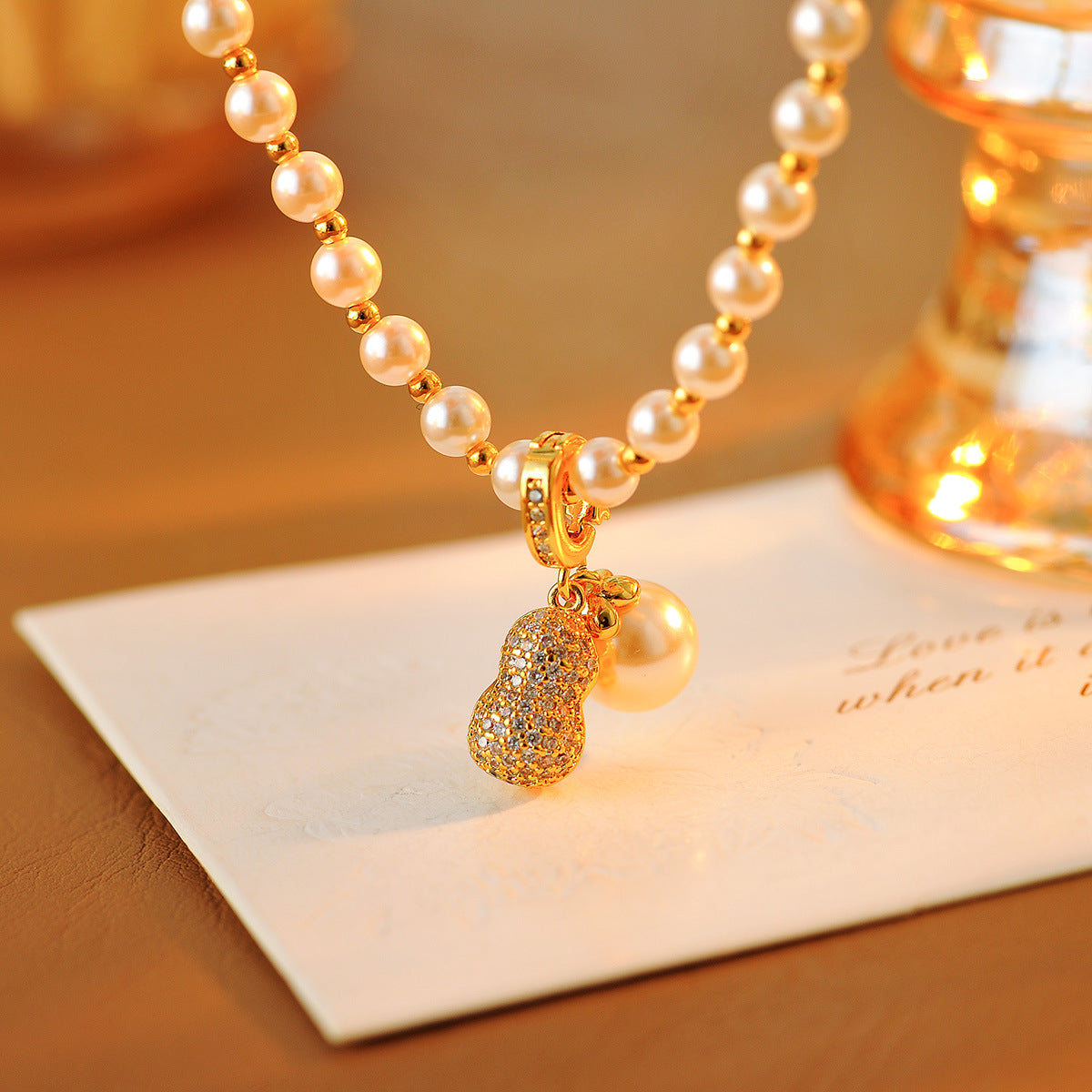2025 New Real Gold Plated Good Things Peanut Pearl Necklace Light Luxury Niche Versatile Collarbone Chain for Women