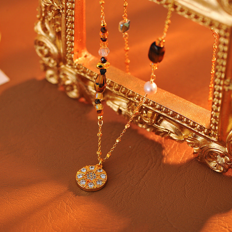 Full Diamond Eight-Pointed Star Round Pendant Necklace Beaded 2025 New Light Luxury Niche Autumn Winter Sweater Chain