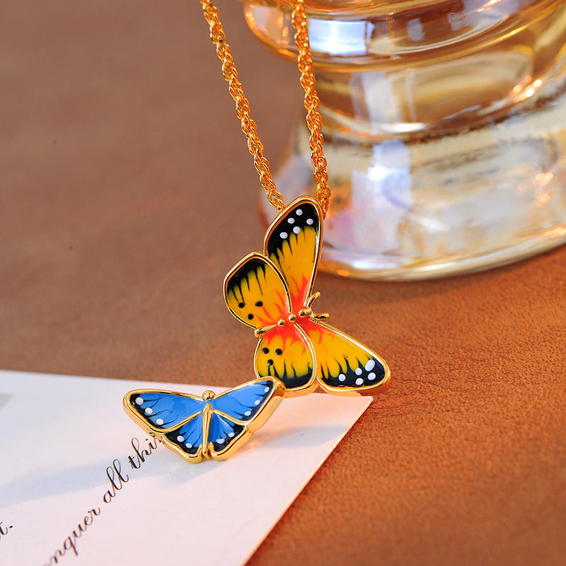 European and American Enamel Color Glaze Sweet Romantic Double Butterfly Pendant Aesthetic Temperament Necklace
