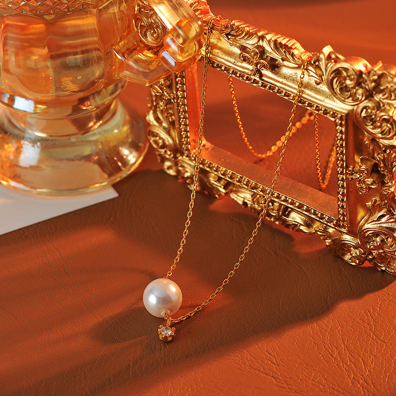 French Style Pearl Necklace for Women Summer Ins Light Luxury Niche Design Zircon Pendant High-end Clavicle Chain