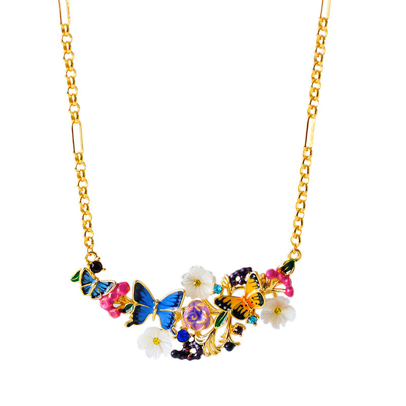 European and American Hand-painted Glaze Color Pastoral Style Brilliant Romantic Butterfly Flower Blossom Niche Necklace for Women