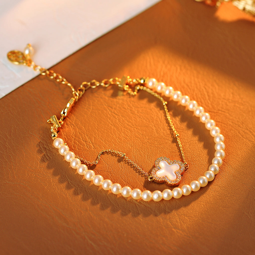 Hot-Selling Light Luxury High-End Double-Layer Stacked Pearl Four-Leaf Clover Mother-of-Pearl Bracelet Necklace Personality Simple