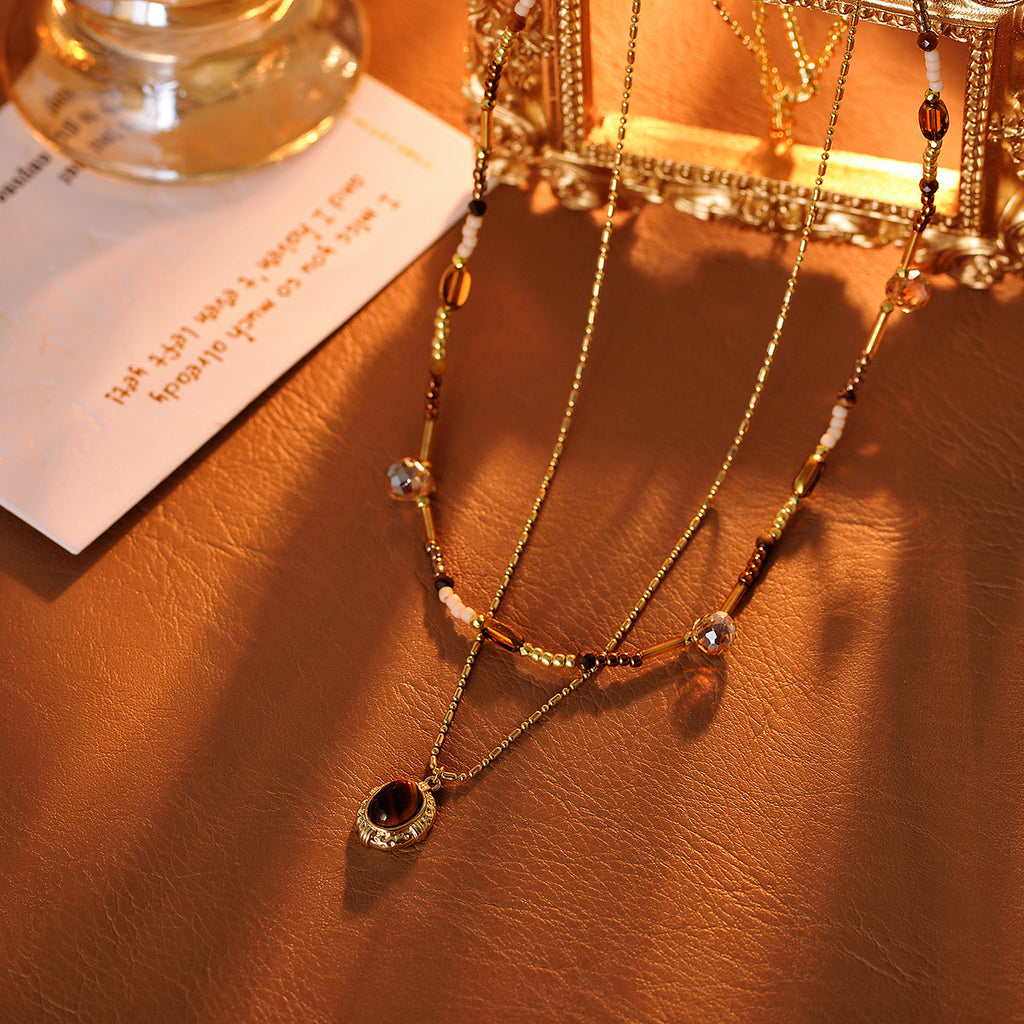 Double Layer Stacked Necklace with Diamonds and Natural Shell Pearl Single Pendant Necklace Light Luxury High-end Clavicle Chain