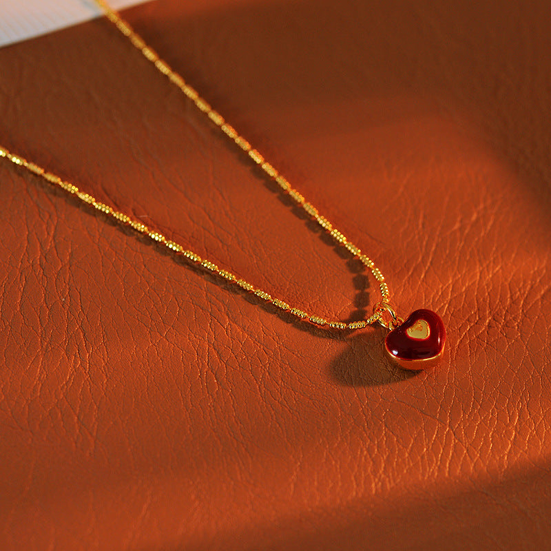 2025 New Red Glaze Heart Necklace Light Luxury Elegant Versatile Fashion Jewelry for Women