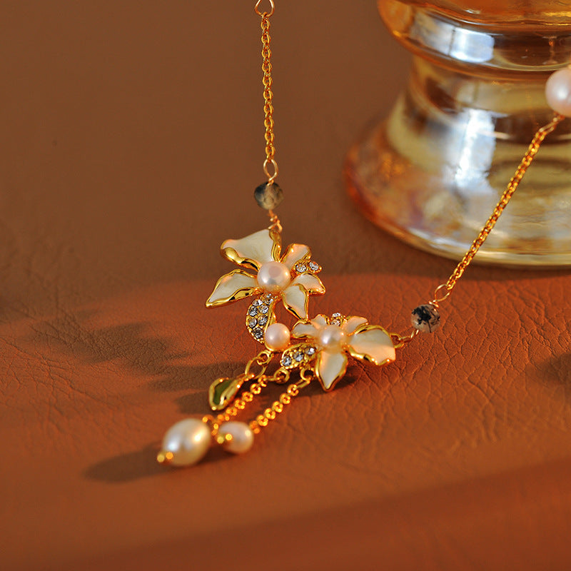 Lily Flower Fresh Style Diamond Design Enamel Painting Oil New Chinese Style Freshwater Pearl Necklace Versatile Earrings for Women