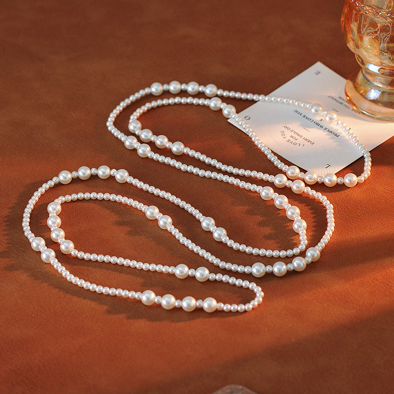 Autumn Winter Trendy Korean Style Elegant Fashion Large and Small Pearl Irregular Spaced Long Multi-layer Stacked Necklace Sweater Chain