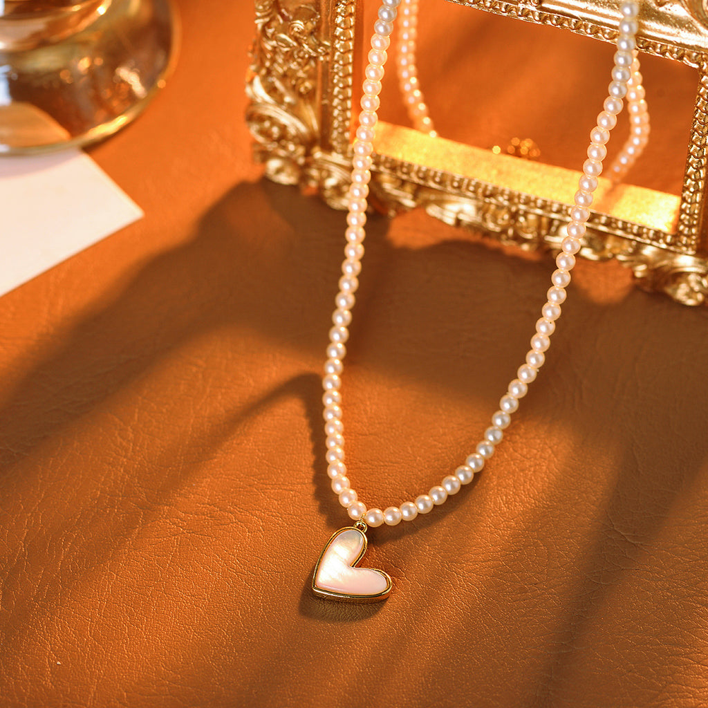 Korean Style Personality Light Luxury High-End Natural Real Shell Pendant Necklace Heart-Shaped Pearl Collarbone Chain for Women