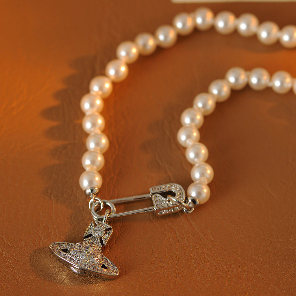 Light Luxury Niche High-End Zircon Saturn Pearl Necklace Autumn Winter Sweater Chain New Hot-Selling Choker