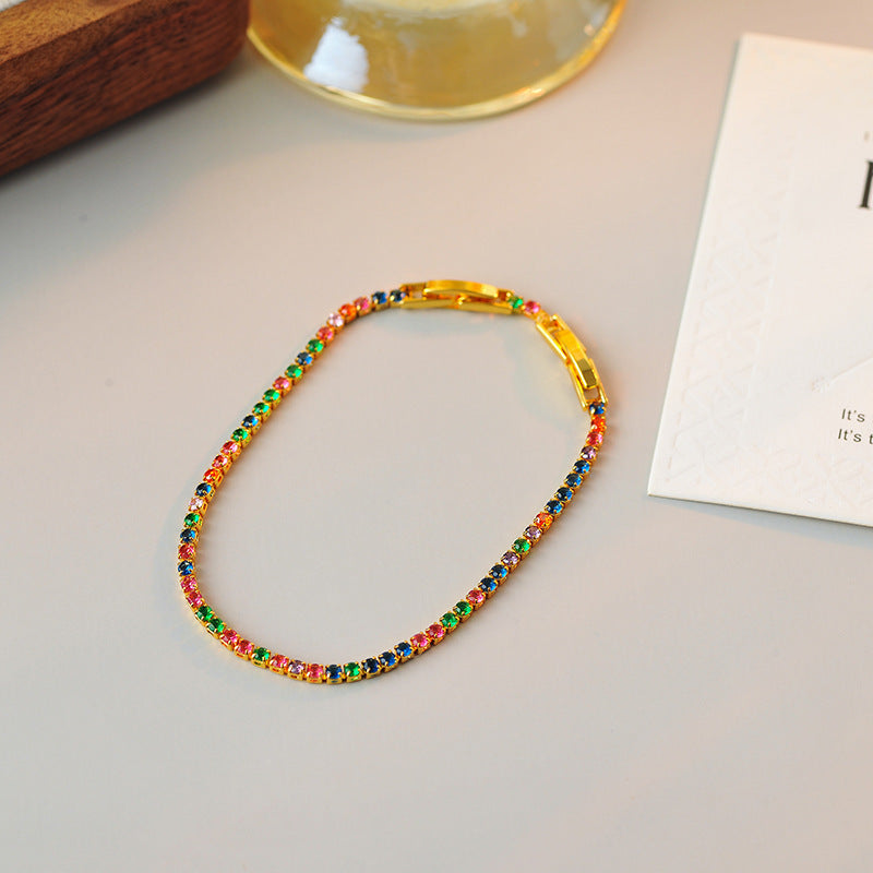 New Korean and Japanese Niche Design Fresh Colorful Zircon Brass Gold-Plated Short Thin Necklace Bracelet Collarbone Chain Set