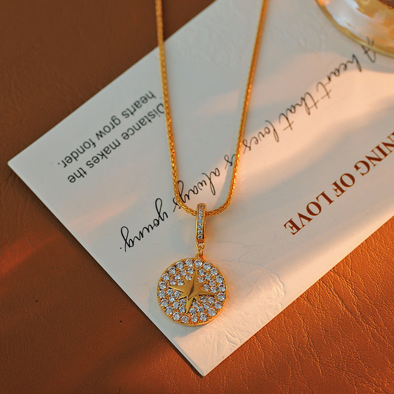 European and American New Style Compass Round Inlaid Diamond Eight-Pointed Star Pendant Cross-Border Light Luxury Style Women's Collarbone Chain One Piece