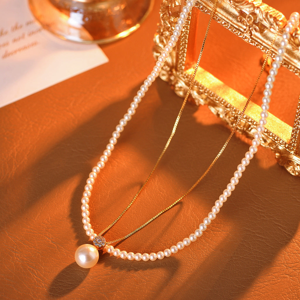 Shijia Zhenduo Hemp Single Pearl Pendant Necklace Autumn Winter Sweater Chain Elegant Double Layer Stacked Necklace