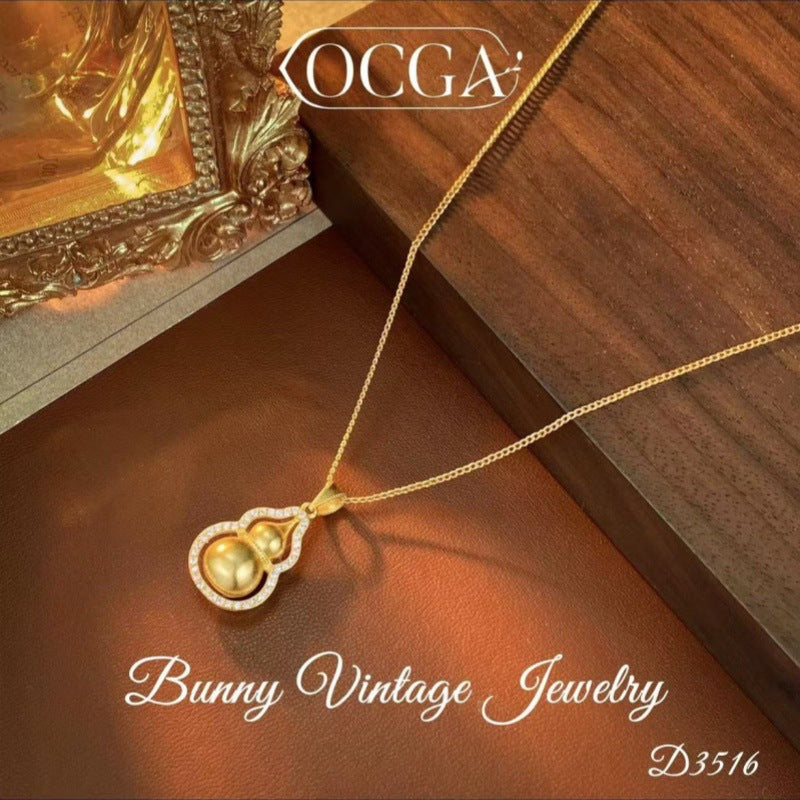 Inheriting Ancient Methods Pure Handmade Gold Inlaid Diamond Gourd Pendant Necklace for Women, Niche Design, Light Luxury, High-End Feel, Fortune Chain