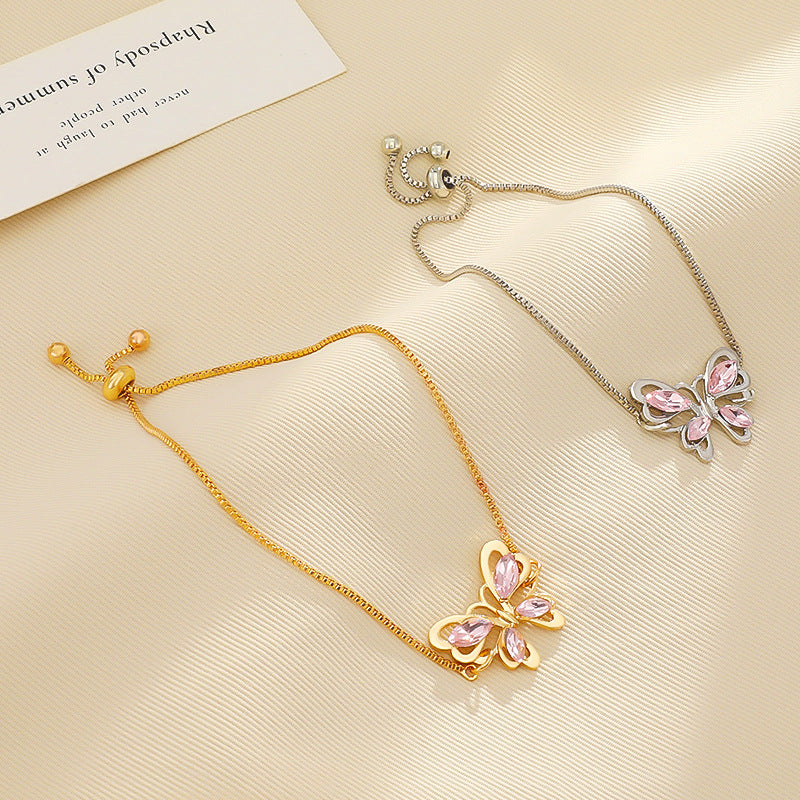 Hot Selling European and American Crystal Butterfly Bracelet for Women Simple Fashion Jewelry Pink Crystal Hollow Butterfly Bracelet