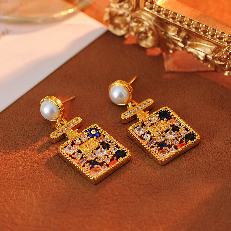 Korean Style Light Luxury Colorful Zircon No. 5 Square Earrings Necklace Versatile High-End Fashion Necklace Pendant