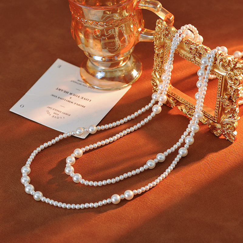 Autumn Winter Trendy Korean Style Elegant Fashion Large and Small Pearl Irregular Spaced Long Multi-layer Stacked Necklace Sweater Chain