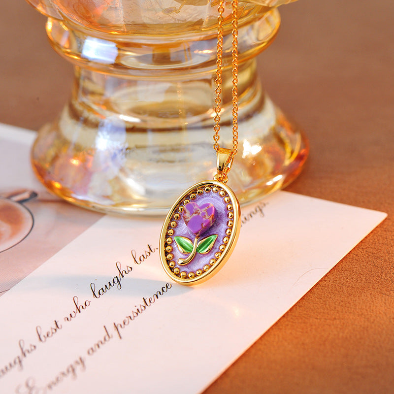 Niche Retro Oil Painting Pink Rose Pendant Necklace for Women, Vintage New Chinese Style, National Style, Light Luxury