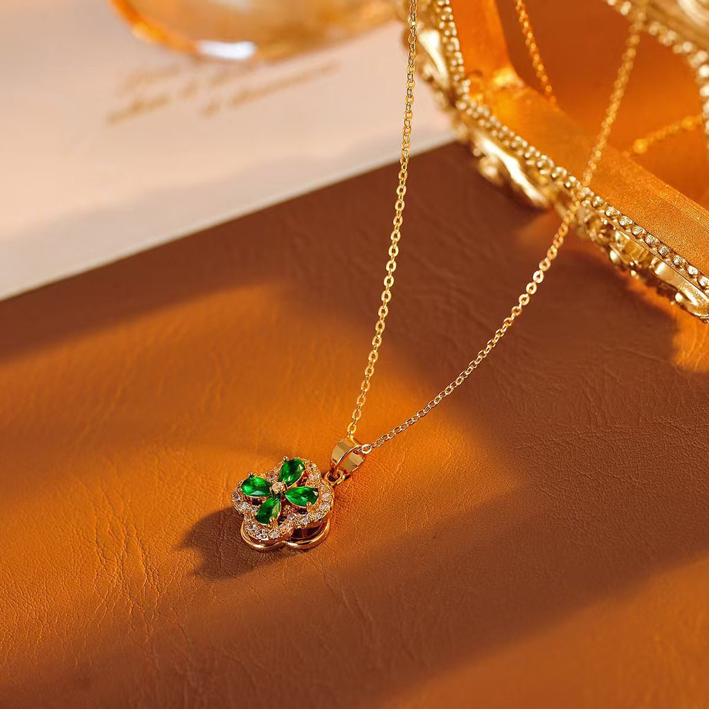 Green Four-Leaf Flower Earrings Necklace Fashionable Versatile 2025 New Earrings Necklace for Women Trendy