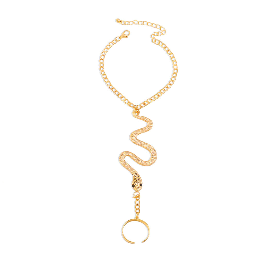 New Alloy Snake-Shaped Back Chain Personality Irregular Ring Integrated Chain Women's Jewelry Inlaid with Diamonds European and American Style