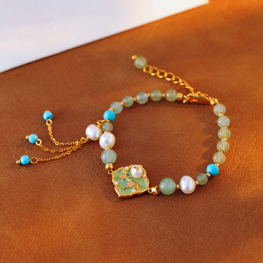 New Chinese Style Oil Drop Green Flower Necklace Niche Design Freshwater Pearl High-end Elegant Set