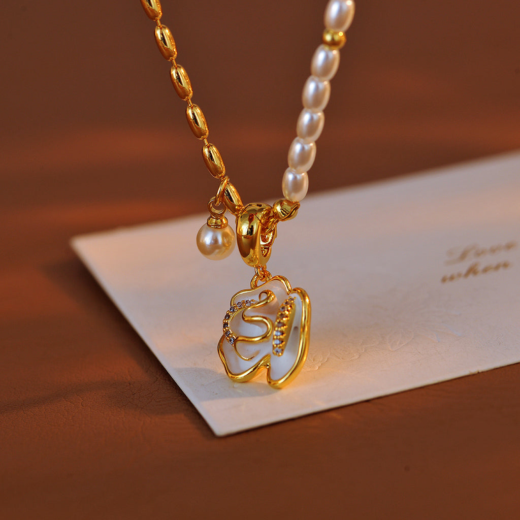 Real Gold Plated Exquisite Flower Pearl Pendant Asymmetric Chain Necklace High-end Niche
